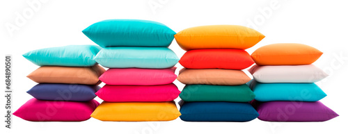 Piles of colorful pillows stacked over white transparent background