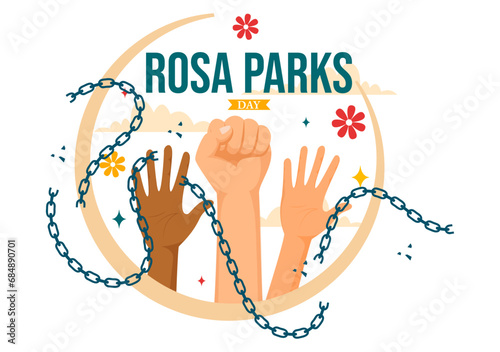 Rosa Parks Day Vector Illustration with the First Lady of Civil Rights, Handcuff and Bus in National Holiday Celebration Flat Cartoon Background