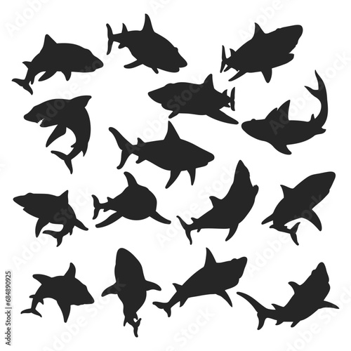 Shark silhouette illustration, Vector collection of vicious sharks swimming