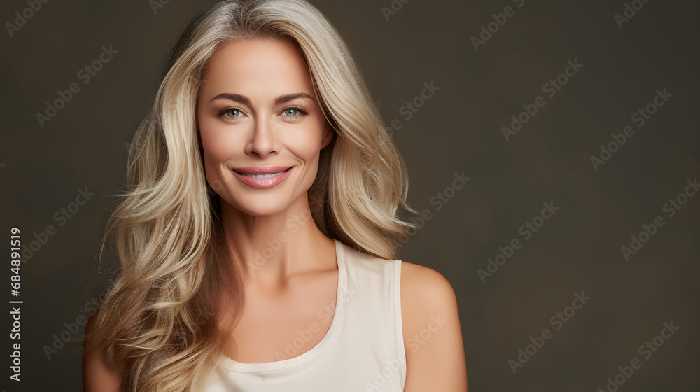 Beautiful blonde woman with smooth healthy face skin. Gorgeous aging mature woman with long gray hair and happy smiling. Beauty and cosmetics skincare advertising concept. - obrazy, fototapety, plakaty 