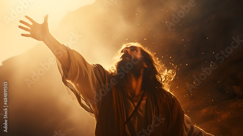 Biblical scene of Jesus Christ landing a hand for help with the sun shining near his face