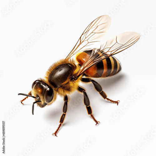 detail of bee or honeybee in Latin Apis Mellifera, european or western honey bee isolated on the white background, golden honeybee with shadow