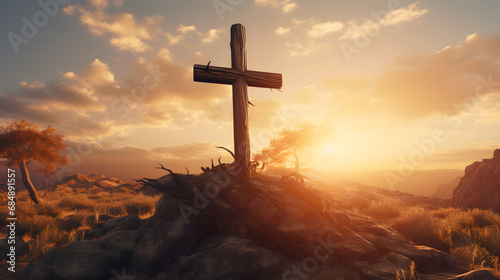 Holy cross symbolizing the death and resurrection of Jesus Christ with sunset sky