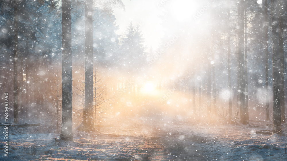 snowfall in the morning misty forest, landscape wildlife of winter, sun rays between the trees, seasonal calendar abstract background copy space December or January