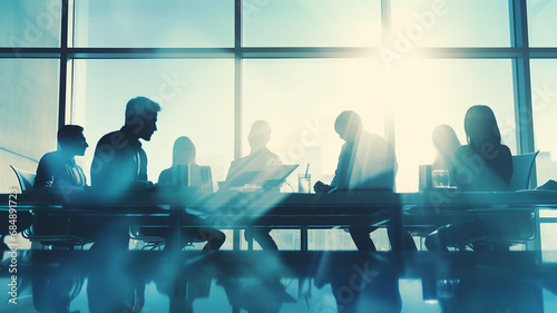 meeting of businessmen, interview, modern office, meeting room interior with a table, on the background of a large panoramic window photo