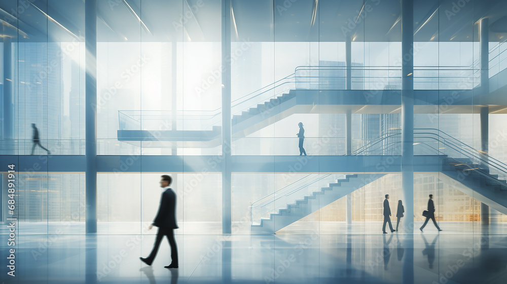 group of silhouettes of people blurred in motion on a white background of a business center, a corporate light background, a modern abstract interior of an office hall with a ladder