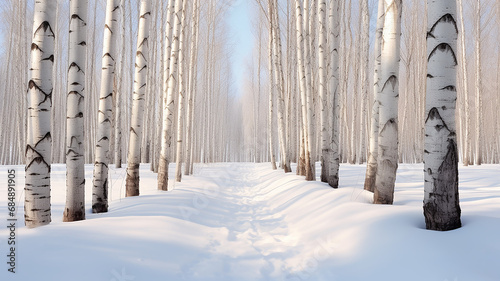 winter landscape, abstract background snowfall in the forest, white birch trees surrounded by snow, blurred background with a copy space