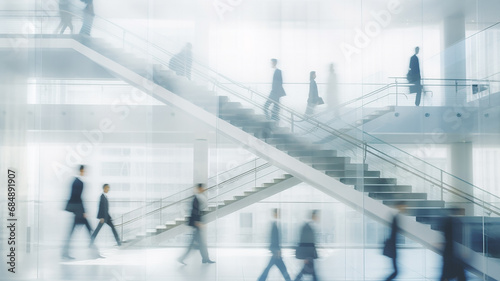 group of silhouettes of people blurred in motion on a white background of a business center, a corporate light background, a modern abstract interior of an office hall with a ladder © kichigin19