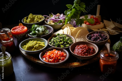 Festive taco bar scene with an array of colorful toppings  salsas  and guacamole