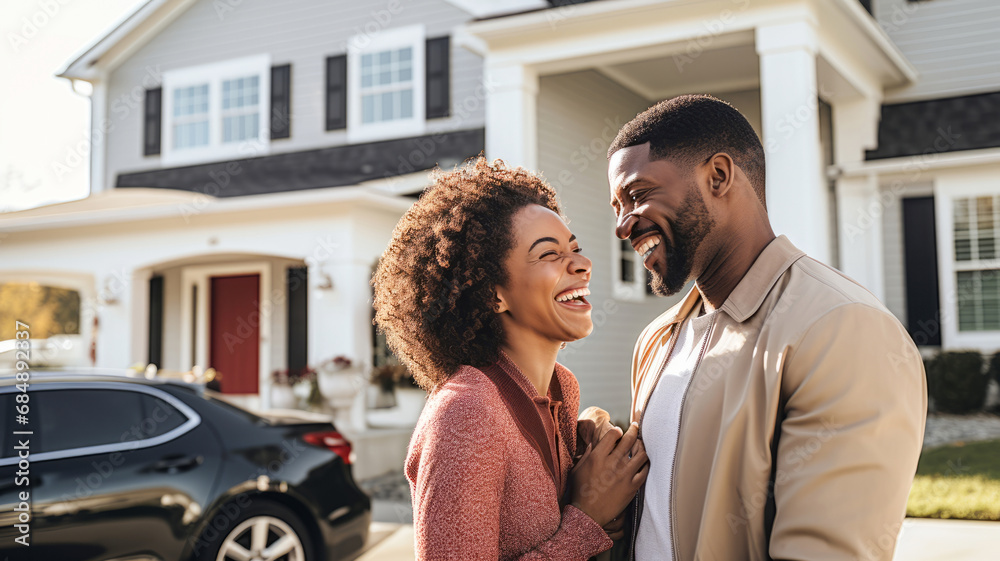 Happy African American couple laughing together in front of the new car and the new house background. New house mortgage business investment and home sweet home after married lifestyle concept.