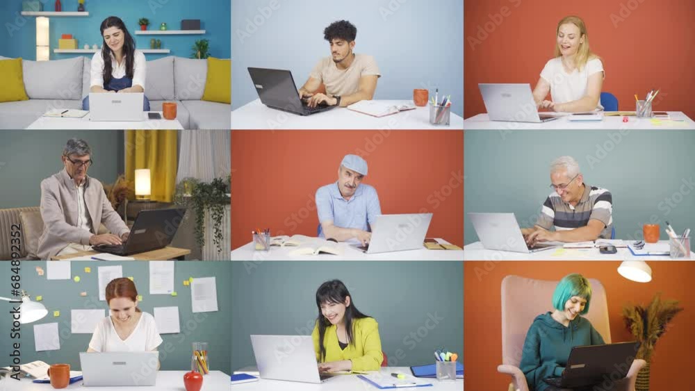 Multiscreen video of People chatting on laptops. Multiscreen video of People chatting on laptops.