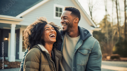 Happy African American couple laughing together in front of the new car and the new house background. New house mortgage business investment and home sweet home after married lifestyle concept.