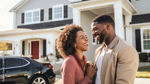 Obraz na płótnie Happy African American couple laughing together in front of the new car and the new house background. New house mortgage business investment and home sweet home after married lifestyle concept. w salonie