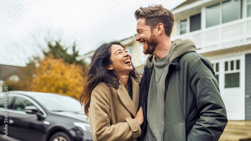 Happy couple laughing together in front of the new car and the new house background. New house mortgage business investment and home sweet home after married lifestyle concept.