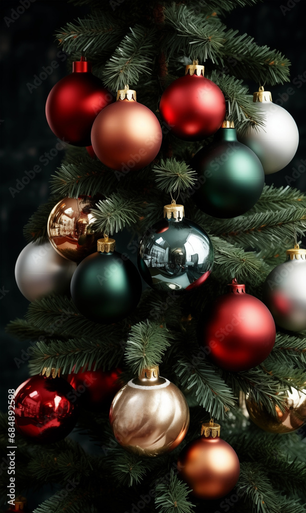 Christmas tree with colorful baubles, closeup Christmas tree with colorful baubles, closeup