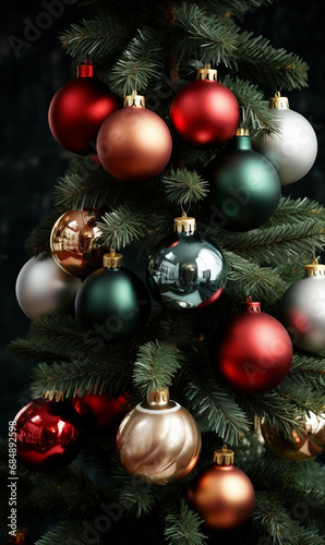 Christmas tree with colorful baubles  closeup