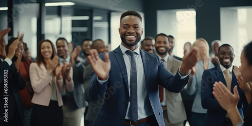 African American businessman professional clapping hands after a successful conference meeting in office