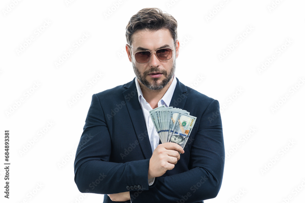 Business man with money banknotes. Male entrepreneur with dollar bills. Lucky boss, insurance agent, manager. Freelancer with cash. Mock up, for white banner with copy space. Business man with money banknotes. Male entrepreneur with dollar bills. Lucky boss, insurance agent, manager. Freelancer with cash. Mock up, for white banner with copy space.