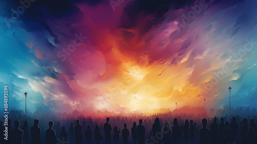 multicolored crowd  a row of silhouettes of people   drawing watercolor style multicultural society  performance concert  rainbow spectrum background gradient