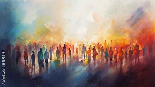 multicolored crowd, a row of silhouettes of people , drawing watercolor style multicultural society, performance concert, rainbow spectrum background gradient