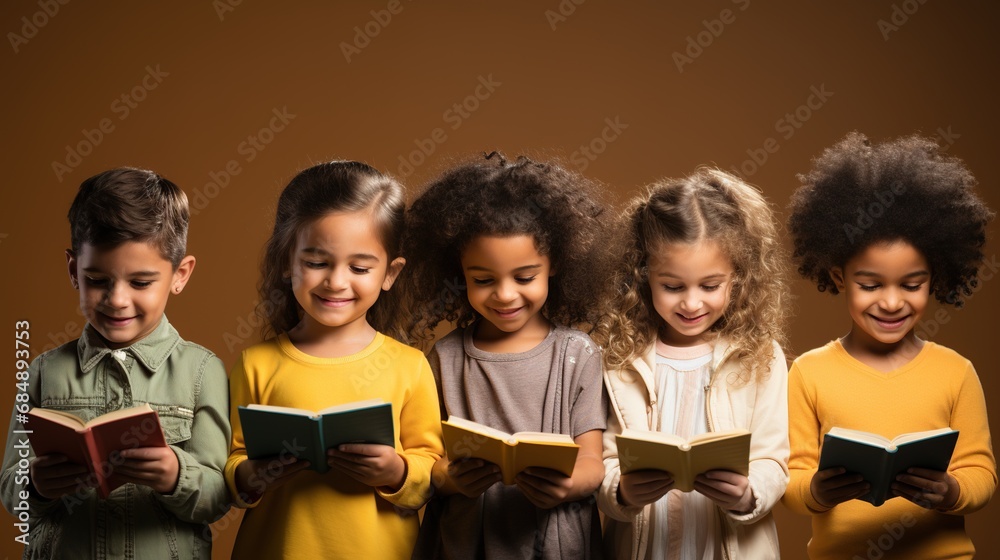 Group of three cute friends reading their lesson  - obrazy, fototapety, plakaty 