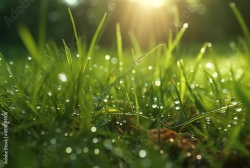 dew drops on green grass with blurred sunlight background. generative ai