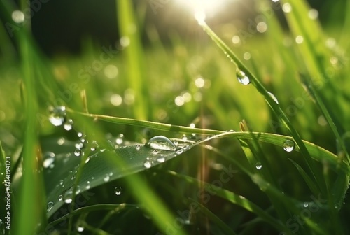 dew drops on green grass with blurred sunlight background. generative ai