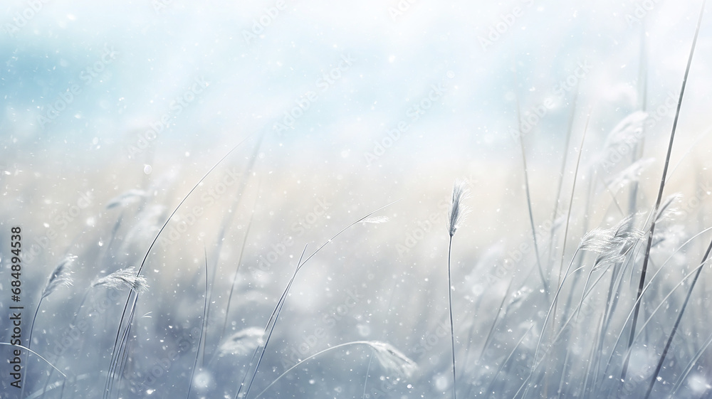 Obraz premium beautiful winter background, blurred snowfall in the field, dry blades of grass covered with snow and frost, nature