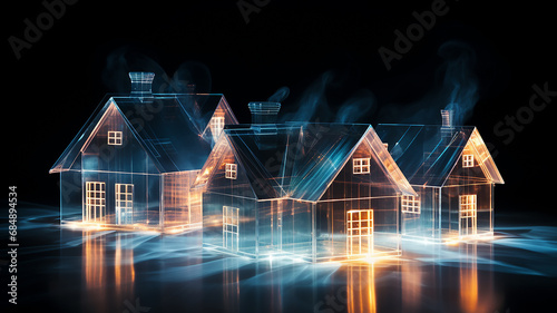 small houses isolated on a black background, layer style neon light pattern, object to overlay