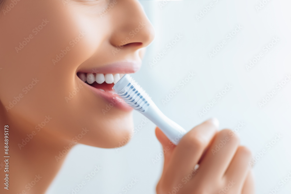 Lips and white teeth of a smiling woman brushing her teeth. Brushing your teeth every day keeps them healthy, and whitening them makes them more palatable. Health, beauty and dentistry concept.