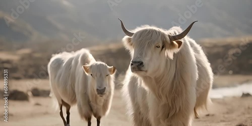 long-haired white Tibetan yaks photo
