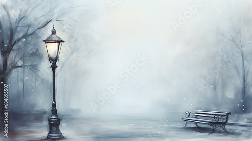 autumn watercolor light gray background, street lamp on a blurry background copy  space blank greeting form