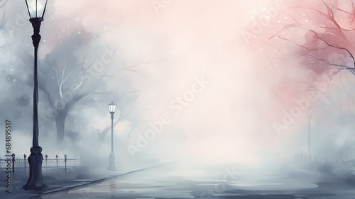 autumn watercolor light gray background, street lamp on a blurry background copy  space blank greeting form