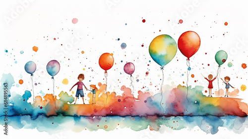 festive watercolor background children's holiday decoration with colorful balloons, greeting postcard abstract