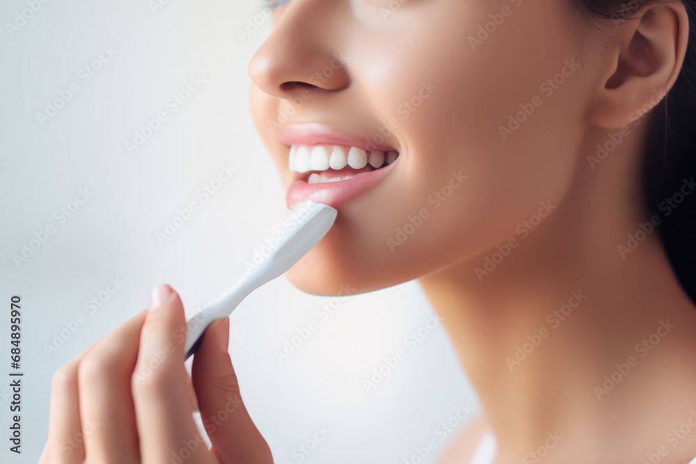 White teeth of a smiling woman brushing her teeth. Brushing your teeth every day keeps them healthy, and whitening them makes them more palatable. Health, beauty and dentistry concept. White teeth of a smiling woman brushing her teeth. Brushing your teeth every day keeps them healthy, and whitening them makes them more palatable. Health, beauty and dentistry concept.