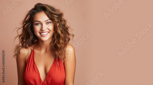 Brunette woman model wear red sundress isolated on pastel background