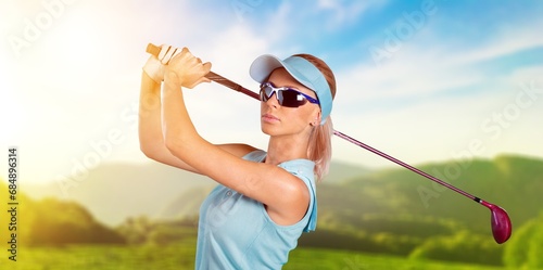 Golfer sports woman hit golf ball fairway.