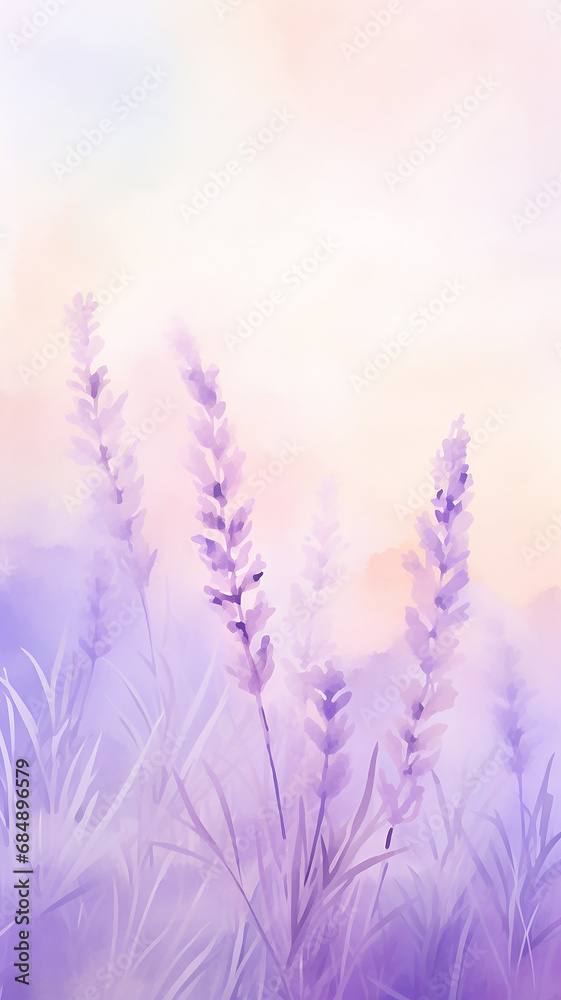 Naklejka premium high, narrow, lavender background delicate pastel pink flowers blurred background with copy space vertical, panorama