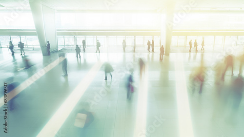 people blurred in motion, light background in a large hall, light background, abstract city, airport or business center exhibition pavilion, top view