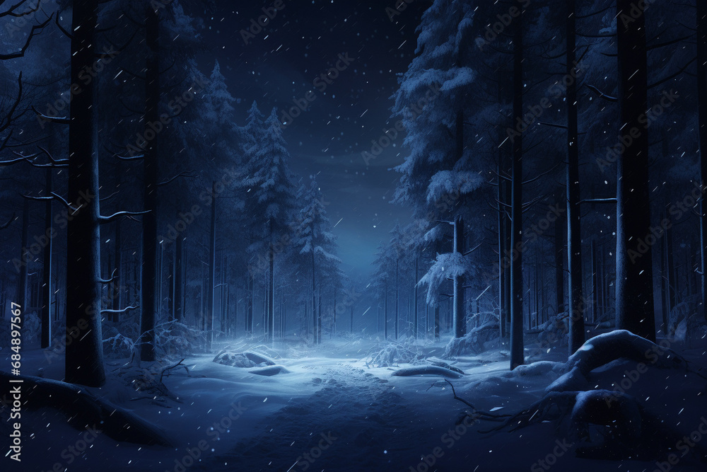 Beautiful snowy winter background landscape with forest, snowfall, snowdrift, at night, festive holiday illustration - obrazy, fototapety, plakaty 