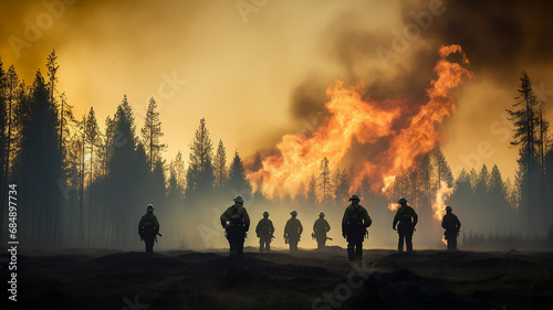 a group of firefighters on a forest fire a view from the back against the background of wildfire in the forest fiction, computer graphics