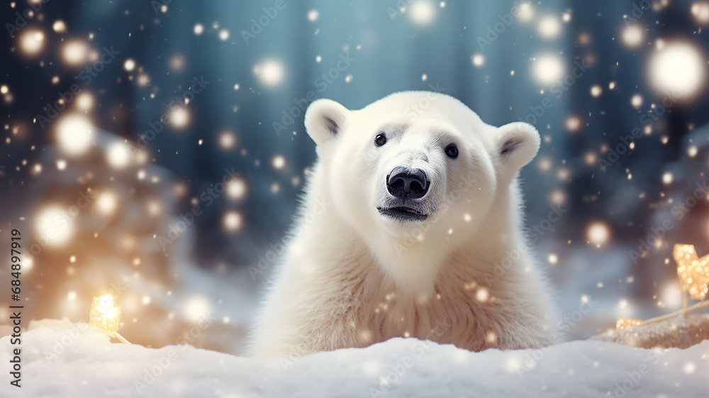 polar bear on Christmas background with lights and blurred bokeh, happy new year letterhead with copy space polar bear on Christmas background with lights and blurred bokeh, happy new year letterhead with copy space