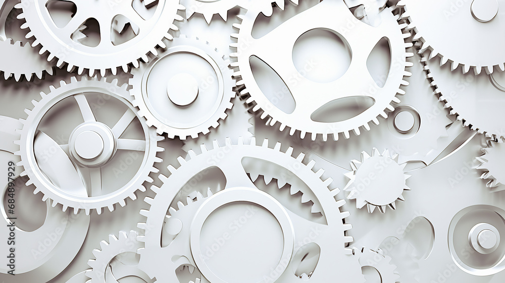 white gears, teamwork business abstract background texture a lot of gears complex mechanics mechanism work, light metal or plastic