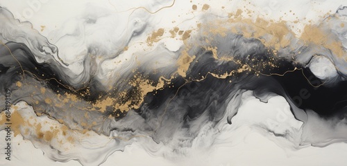 Explore the world of artistic expression with an abstract marble flow blot painting in watercolor and acrylic, featuring gold, beige, and black on a canvas background with a horizontal texture. © MalikAbdul