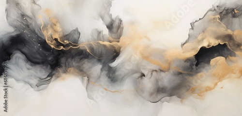 Explore the world of artistic expression with an abstract marble flow blot painting in watercolor and acrylic, featuring gold, beige, and black on a canvas background with a horizontal texture.