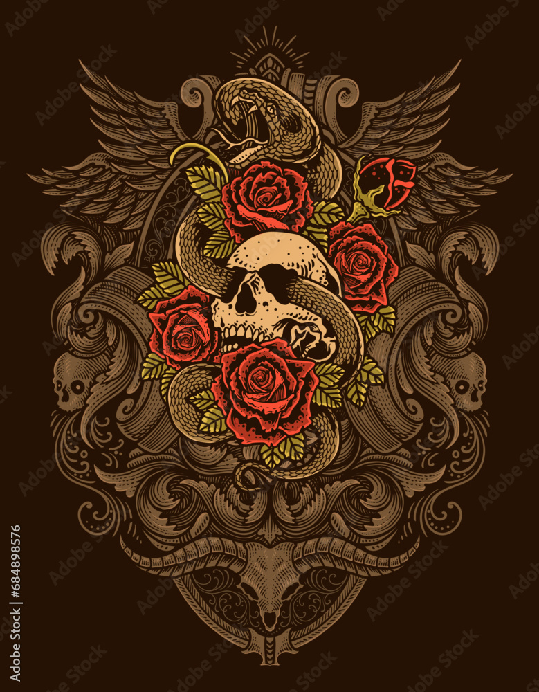 Fototapeta premium Illustration vintage skull snake rose with engraving ornament