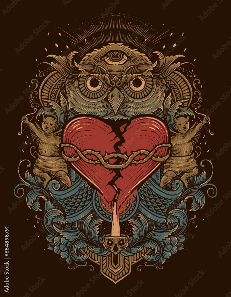 Fototapeta premium Illustration hand drawn. Broken heart with engraving ornament frame