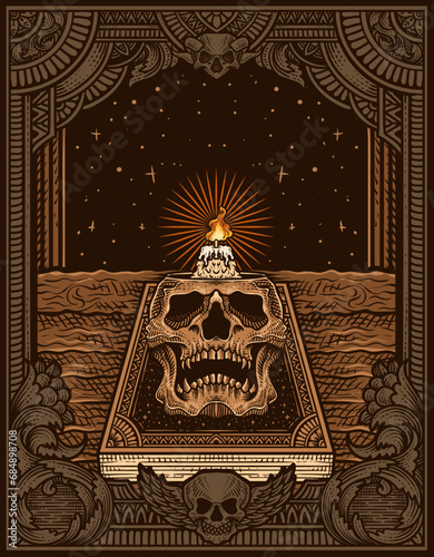 Illustration hand drawn. Skull candle with antique magic book - Antique engraving ornament