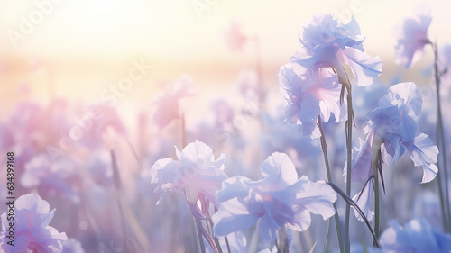 delicate soft pastel blue flowers in the morning mist, light blue irises on a wild field in the pink tones of spring photo