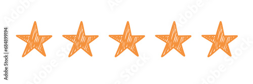 Five star doodle. Hand drawn quality, review yellow five star illustration. Award, quality, feedback concept elements. Sketch grunge style. Isolated vector illustration.
